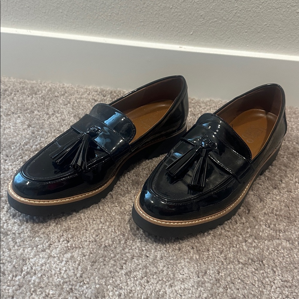Franco Sarto Black Patent Leather Loafers with Tassels